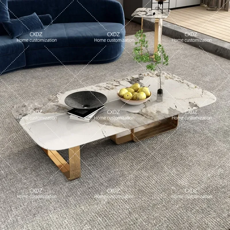 Luxury Rectangular Rock Slab Coffee Table and TV Cabinet Combination Bright Surface Stone Household Furniture with Titanium