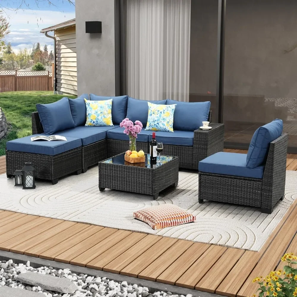 7 Piece Patio Furniture Set Outdoor Wicker Segmented Conversation Sofa Rattan Patio Sofa with Cushion Glass Table Footstool