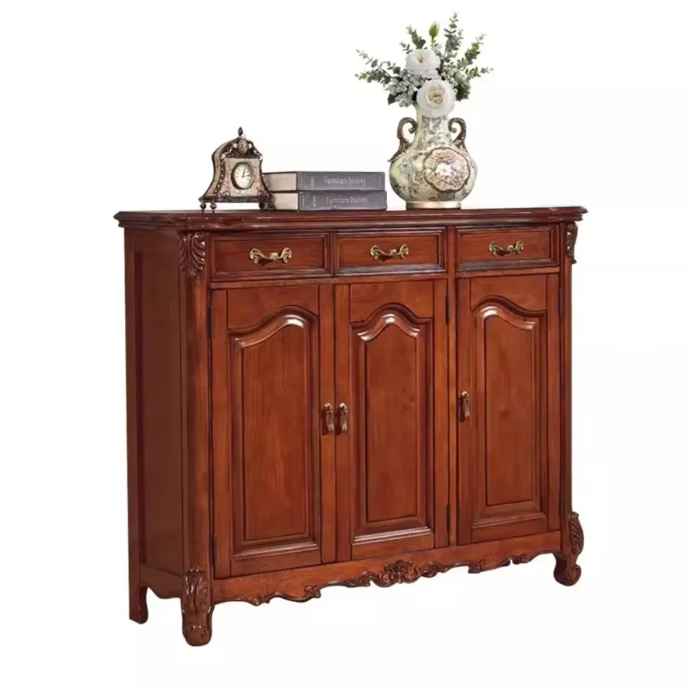 Rustic American Solid Wood Carving Shoe Cabinet - 3 Door Vintage Locker for Porch/living Room/balcony