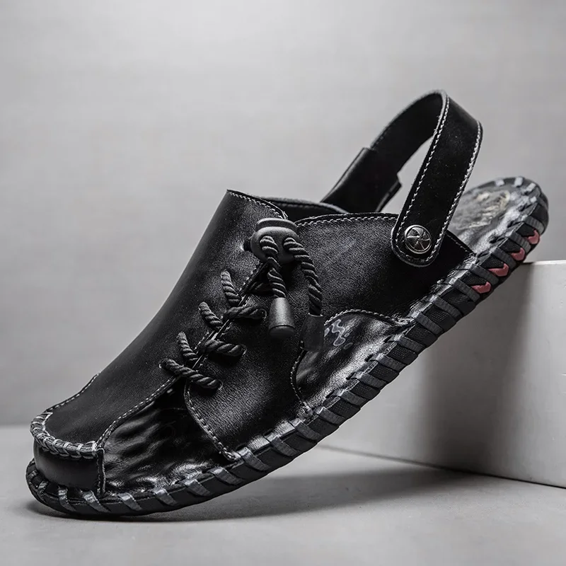 Summer New Two Ways To Wear Slippers and Sandals Lightweight Casual Cowhide Sandals Fashion Beach Brand Man Outdoor Half Flats