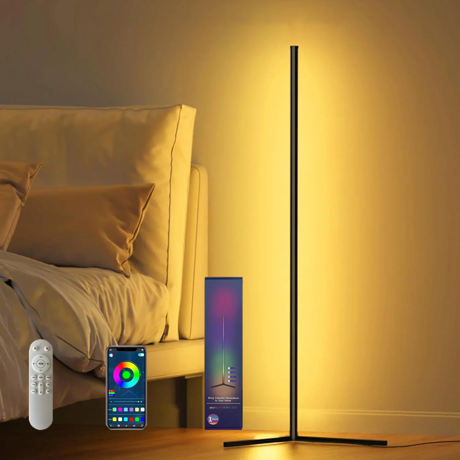 Rgb Led Floor Lamp, Led Corner Lamp Works Smart Modern Floor Lamp With Music Sync And 16 Million Diy Colors Floor Lamp JJ2721