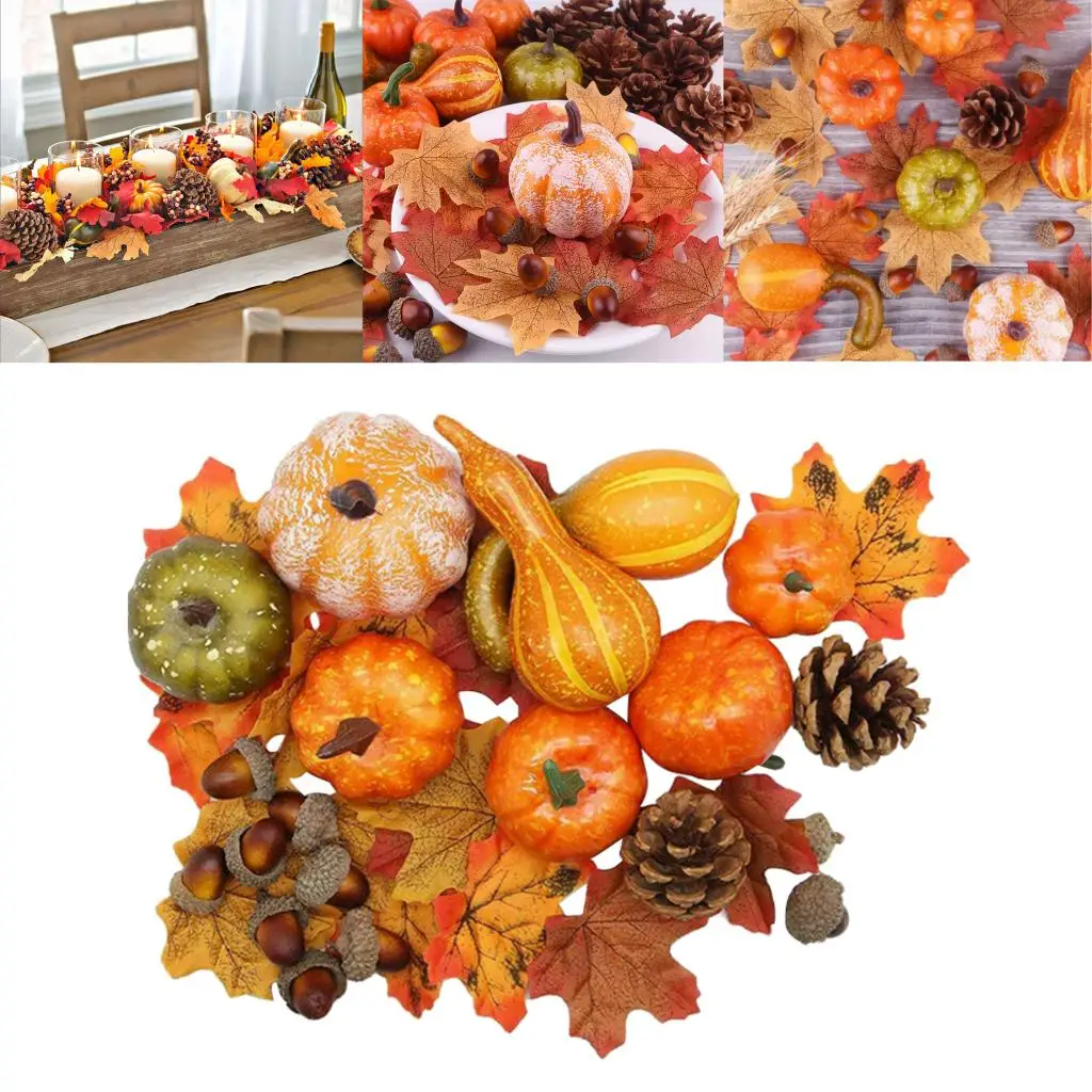 3D 50 Pieces Autumn Harvest Decoration Props Artificial Pumpkin Gourd Fruit Maple Leaf Pumpkin Craft Mock Halloween