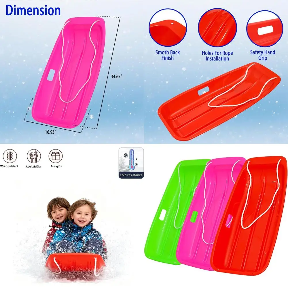 

Durable 35 Snow Sled for Adults and Kids - Flexible, Cold-Resistant Design with Pull Rope and Handles for Winter Fun