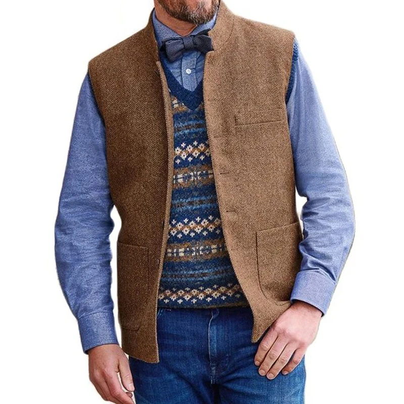 Men\'s Suit Vest Brown Stand Collar Wedding Herringbone Wool Tweed Male Gentleman Business Waistcoat for Groom Costumes 2022