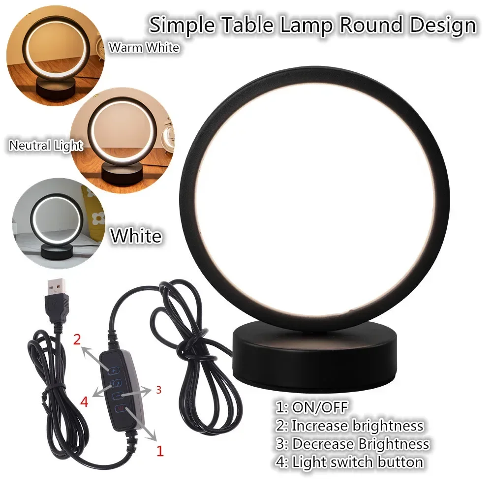 2022 Creative Circular Atmosphere LED Nordic Style Wrought Iron 5VUSB Plug Three Tone Light Bedroom Study Table Lamp