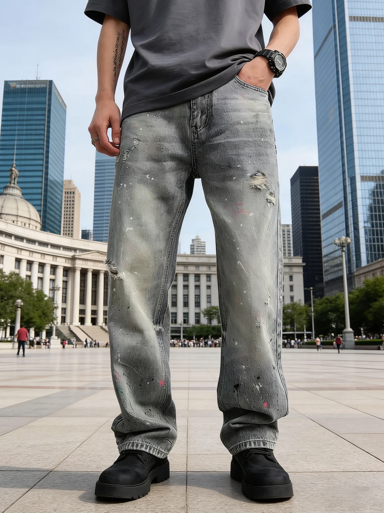 

Trendy street style distressed splatter ripped wide-leg jeans for men, loose fit, slimming, height-enhancing long pants