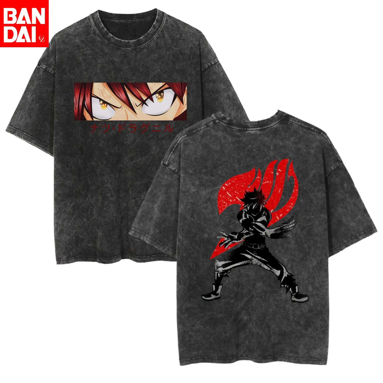 Fairy Tail Natsu Dragneel Eyes Silhouette Doppelseitiges Vintage Washed T-Shirt 2026 Sommer Streetwear Grafik-T-Shirt für Männer und Frauen