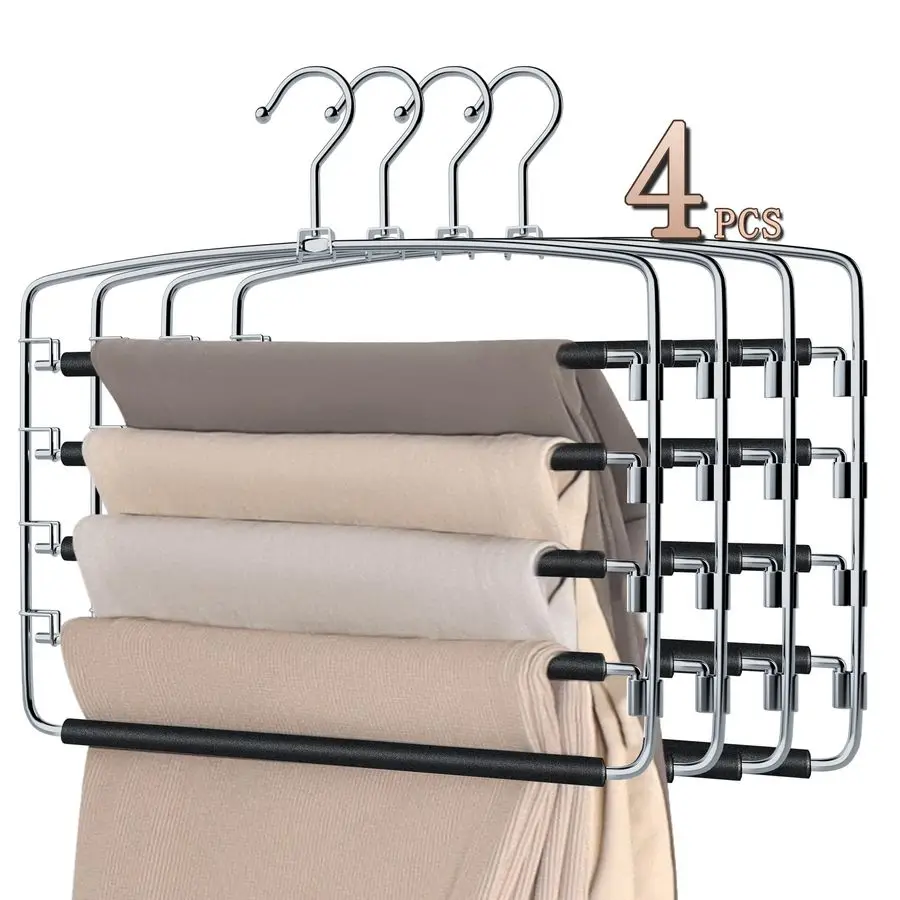 

Pants Hangers Space Saving 4Pack, 5 Layers Space Saving Hangers, Sturdy Stainless Steel Pant Rack with AntiSlip Swing Arm, Close