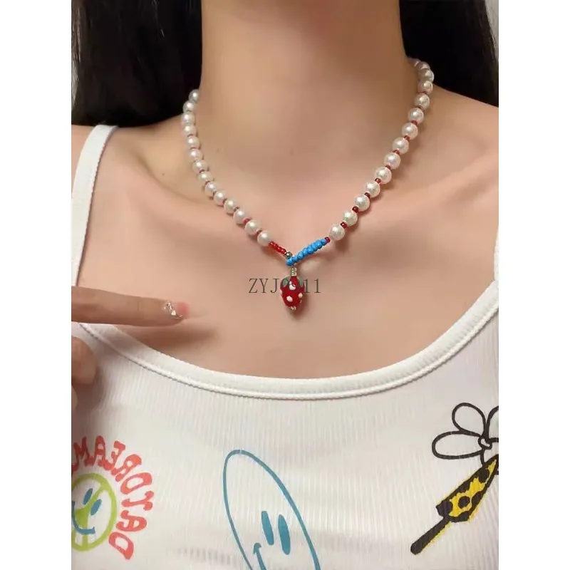 قلادة من لؤلؤ الفراولة الحمراء، إكسسوارات قلادة سلسلة الترقوة الفاخرة