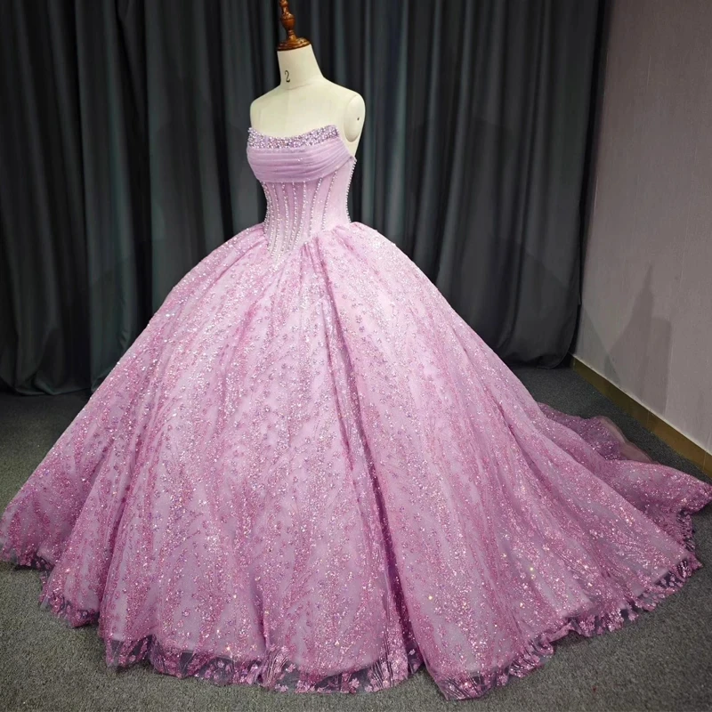 

Luxury Pink Shiny Ball Gown Quinceanera Dress 2024 Lace Beads Tull Off Shoulder Sweet 16 Years Vestidos 15 De XV Anos