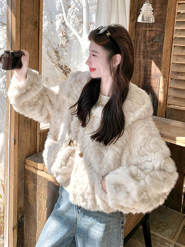 

Fluffy Lamb Fur Jaet Women's ort Sle Korean Warmth Water Rabbit Fur Simulation Winter Autumn New Arrival Thiened