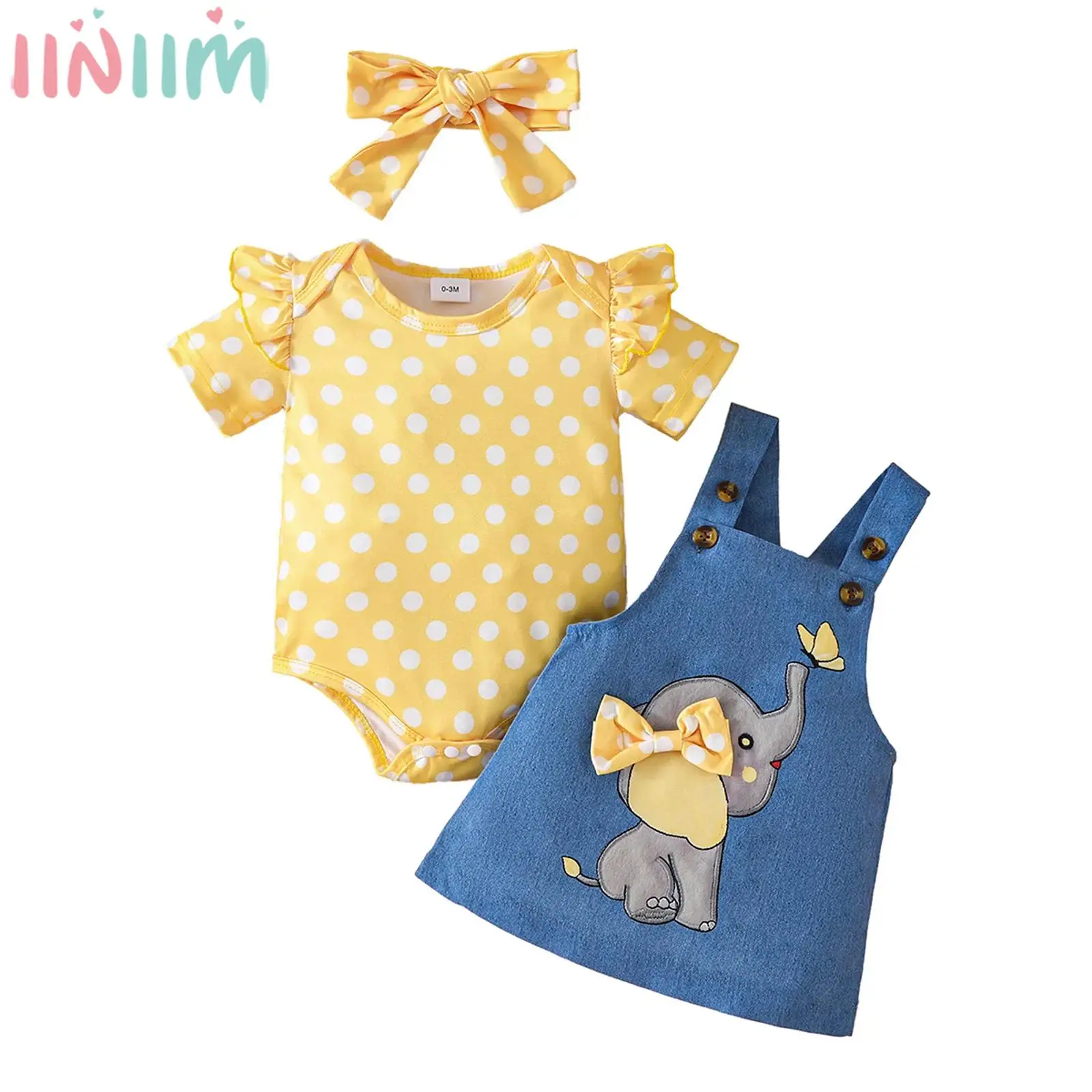 

Baby Girls Summer Sweet Cute Outfit Short Ruffle Sleeve Romper with Headband Suspender Skirt or Shorts for Daily Party Home Wear
