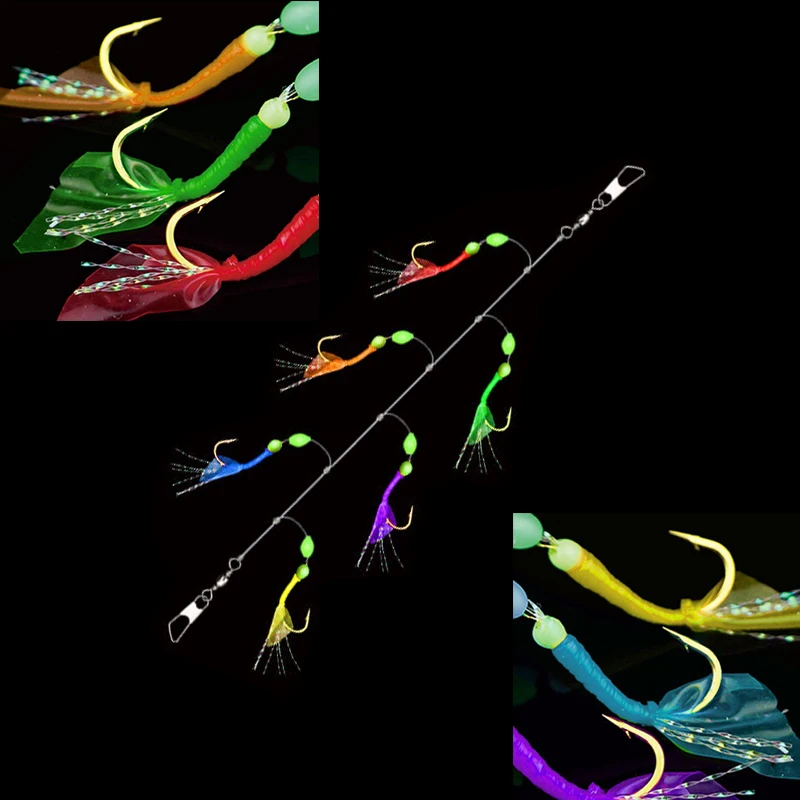 Lunker Sabiki Rig 6 colores goma señuelo de pesca de agua salada cebo brillo luminoso Maruseigo caballa dorada