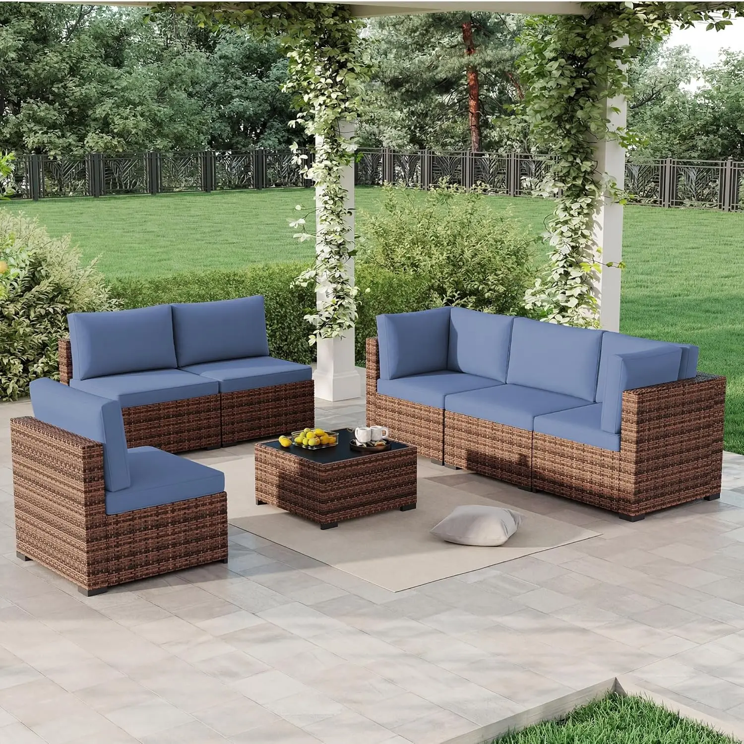 

7 Pieces Outdoor Wicker Rattan Patio Furniture with Rain Cover, Wicker Rattan Outdoor Sectional Sofa Set with Coffee, Custom