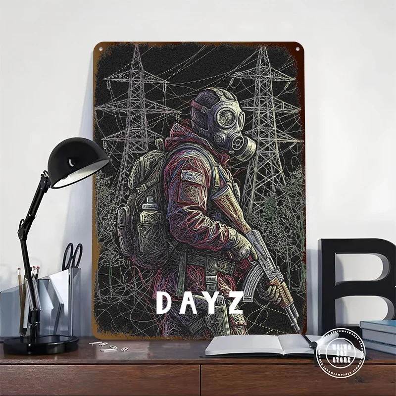 DayZ Survivor With Gas Mask and Rifle 3D Texture Metal Poster Customized Wall Art Tin Sign Gift for Mancave Bedroom Decoration