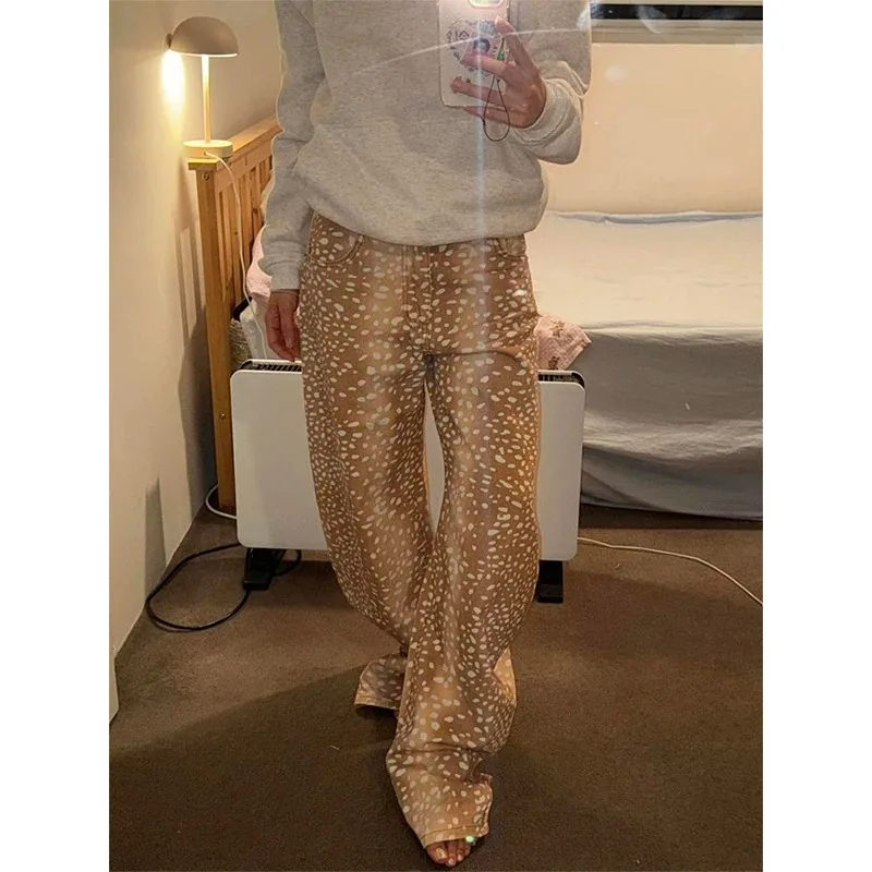 

Джинсы Y2K в американском ретро-стиле с принтом в виде оленя, с изогнутыми штанинами, для женской уличной моды, свободные широкие брюки