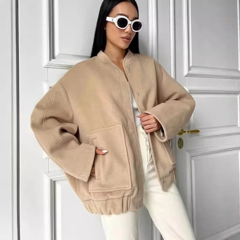 

Women Coats Casual Jackets Streetwear Stand Collar Coat Long Sleeve Big Pockets Single Breasted Loose Office Lady 2025 Autumn