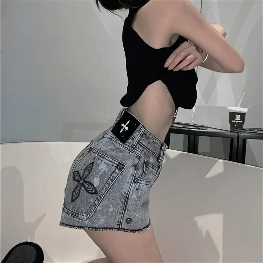 Y2k High Waist Cross Graffiti embroidery Denim Shorts Women Clothing Summer Korean Jeans Straight Sexy Wide Leg Hot Pants Female