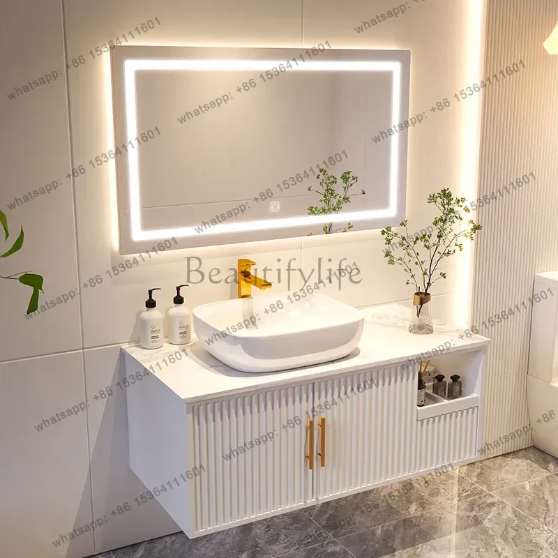 Bathroom cabinet combination light luxury rock slab integrated basin toilet washstand smart mirror cabinet set