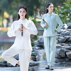 Donne Yoga vestiti Set di cotone lino meditazione abbigliamento Kung Fu uniformi Tai Chi Wing Chun tuta camicia pantaloni 2 pz Set tuta