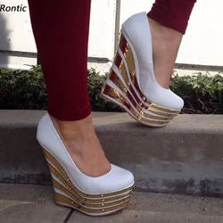 Rontic High Quality Women Platform Pumps Wedges High Heels Round Toe Pretty White Party Shoes Ladies US Plus Size 4-20