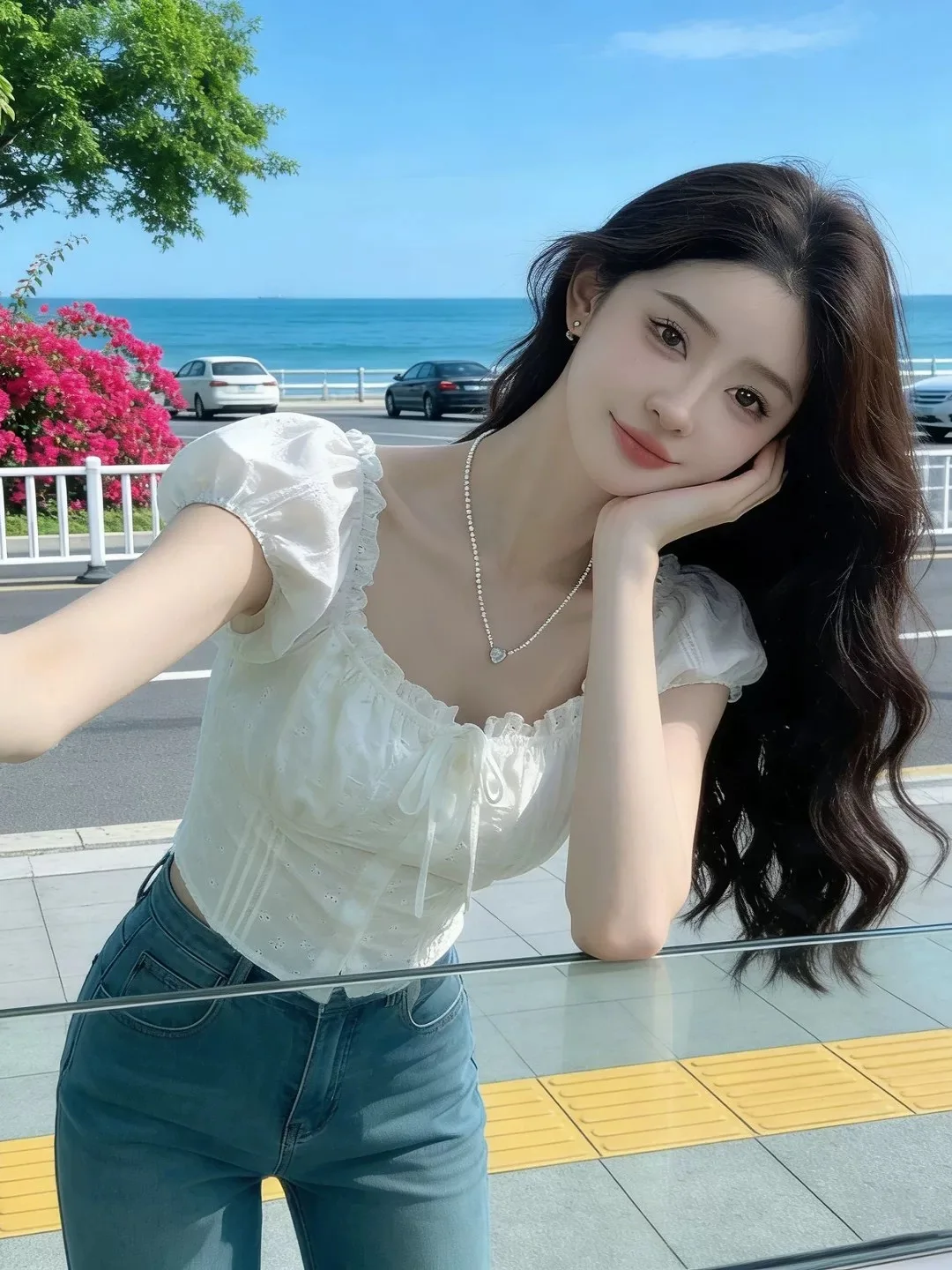

Elegant Lace Trim Belted Short Sleeve Shirt Women's Summer Design Waist Cinched Short Square Collar Top French Style Breathab...