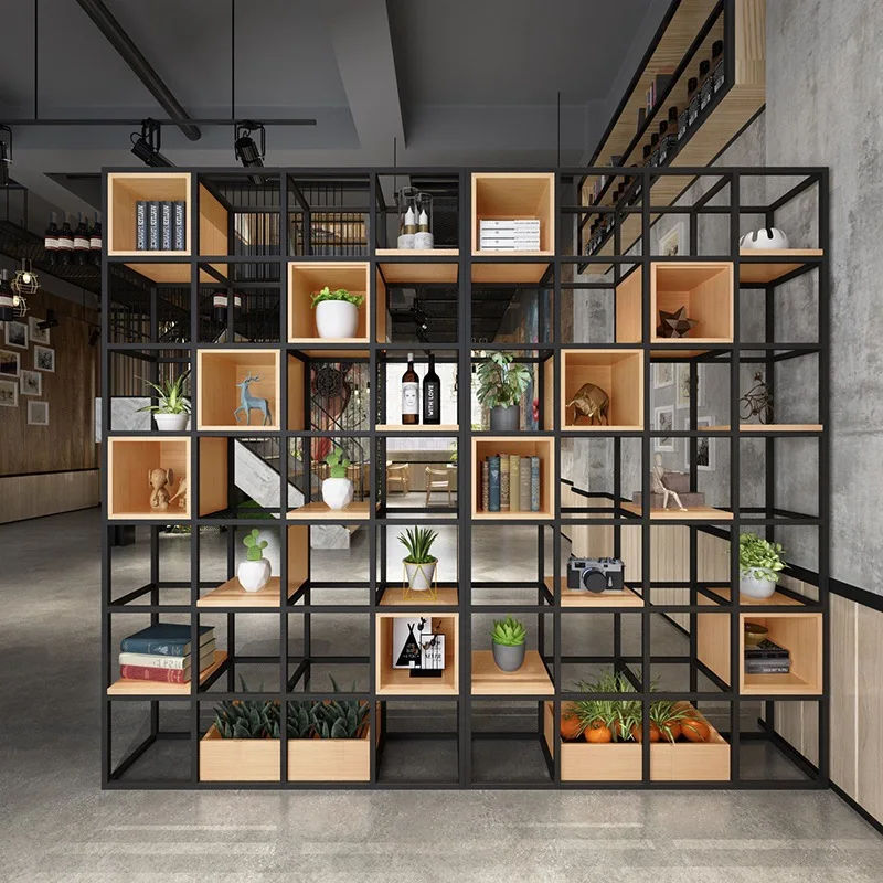 Industrial partition screen, iron wrought storage rack, solid wood storage display rack, office floor-standing multi-layer