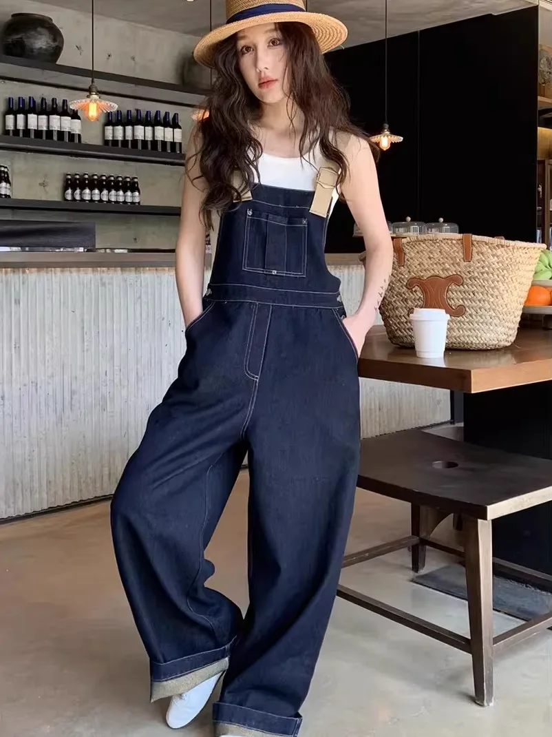 

American Sle Retro Blue Denim Overalls Women's Small Size Spring Summer New Straight Wide Leg Color Blo-Piece Pants