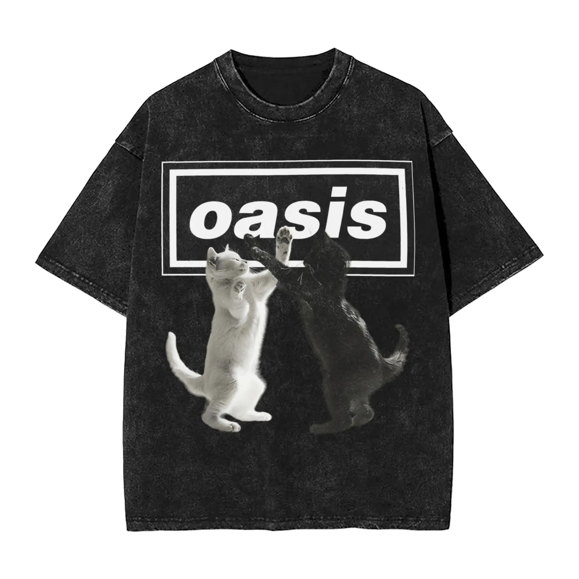 O-Oasis Brothers Cats Fighting T Shirts Hip Hop Washed 100% Cotton Oversize T-Shirts Vintage Men Women Tops Streetwear Tee Shirt