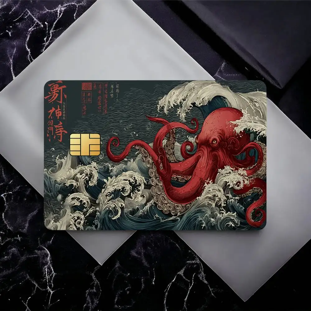 Red Giant Octopus And Surging Waves Waterproof Skin Sticker Bank Bus Metro Access Card Protective Film Card Sticker Girl Gift