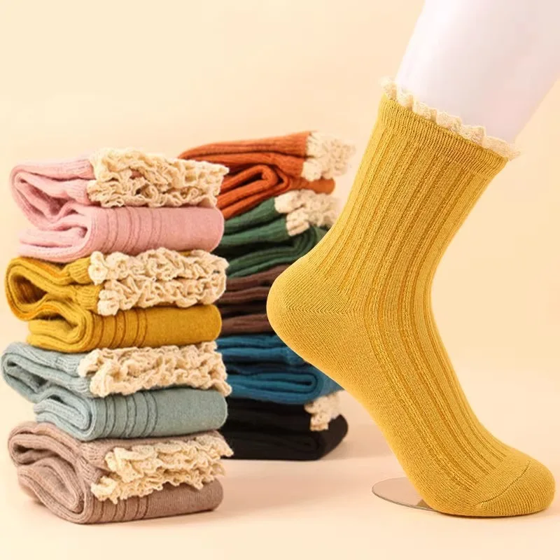 

10 Pairs Retro Women Socks Autumn Winter Knitting Solid Color Lace Sock Elastic Socks Fashionable Comfortable Women's Socks