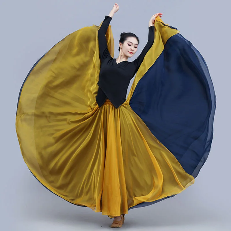 Femmes jupe de danse classique élégant Double mousseline de soie Flamenco moderne Performance scène balançoire jupe enveloppement éthéré 720 degrés jupe