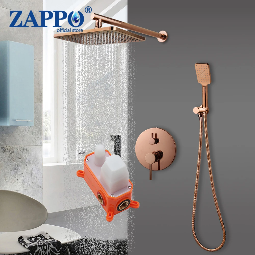 ZAPPO Luxurious Rose Gold Shower Set with Concealed Box Bathroom Shower Faucet Handheld Sprayer Wall Mounted Shower System