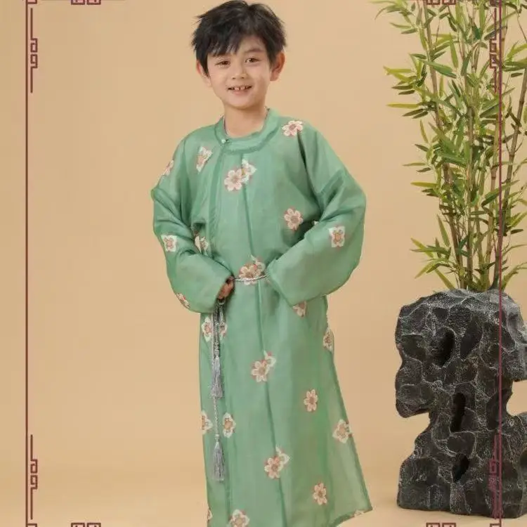 Estilo palácio de verão crianças hanfu tradicional chinês em torno do pescoço robe respirável fino verde palco mostrar roupas meninos tang terno