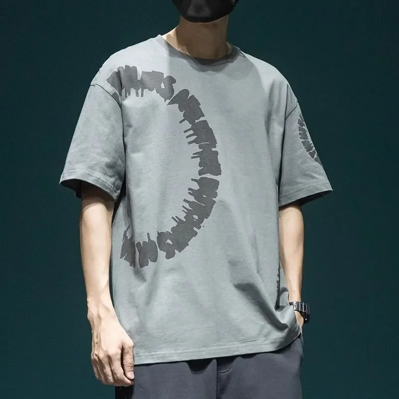 Men Vintage Circle Print Cotton Short Sleeve T Shirt Loose Oversized Casual Tops