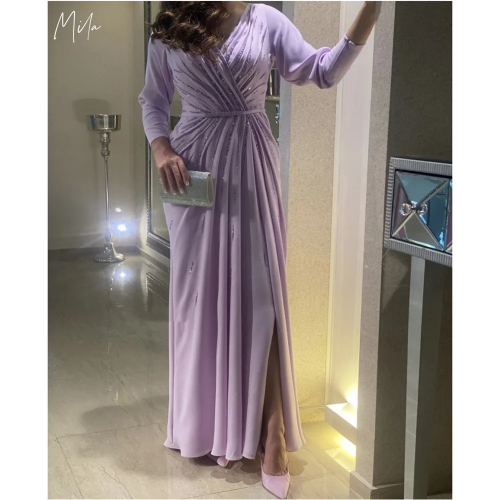 

Mila Customized Purple Beads And Seuins Pleats Prom Dress V Neck Long Sleeves vestidos de fiesta Floor-length Evening Dresses