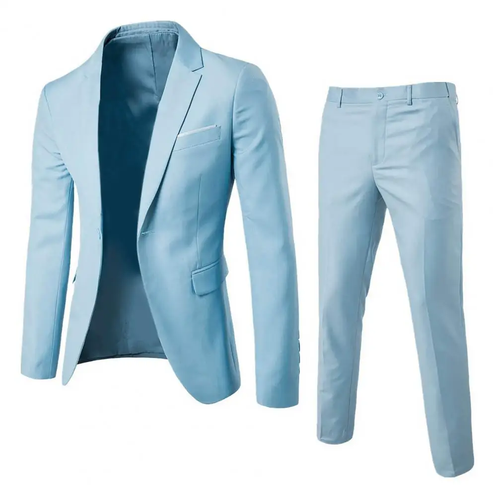 1 Set Trendy Suit Jacket Trousers Handsome Business Suit Turndown Collar Pure Color One Button Suit Set  Daily Wear