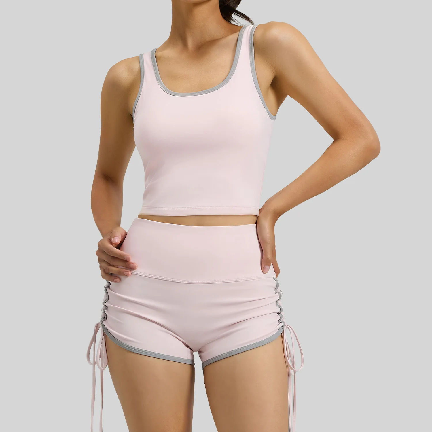 New Women Yoga Outfit Set With Built-in Bra, High Support Workout Tank Top & Drawstring Shorts, Fitness Gym Sports Suit