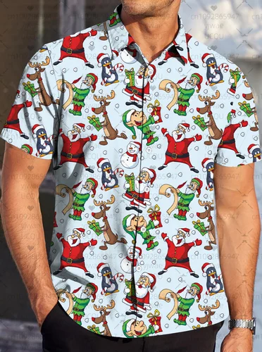 Imagen 1 del producto Camisa hawaiana navideña con solapa de manga corta y Reno de Papá Noel, camisas informales con botones para hombre, camisas de uso diario