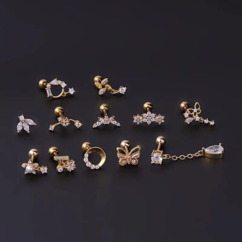 New Design 16G Stainless Steel CZ Dangle Cartilage Piercing Conch Tragus Helix Snug Screw Back Earring Stud Ear Jewelry