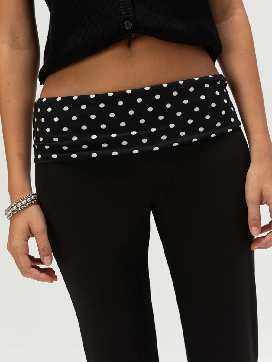 Womens Y2K Polka Dot Fold Over Waistband Flared Pants Elastic Low Waist Wide Leg Leggings Bell Bottoms Sweatpants Trousers