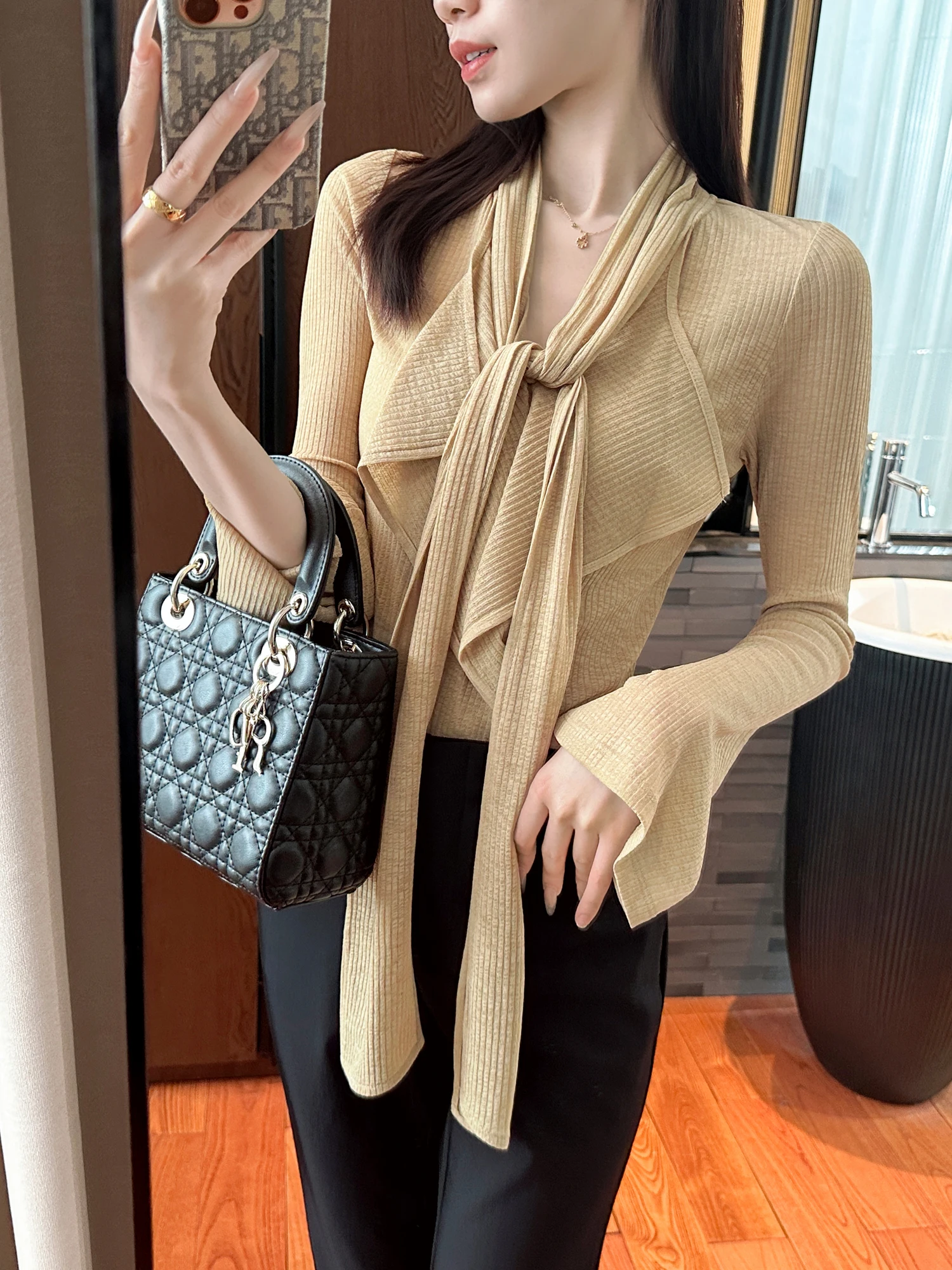 

You See Orange Peel Versatile Knitted Slim Fit Top with Belt V Ne Office Wear Long Sve Commute Sle Ladies Faion