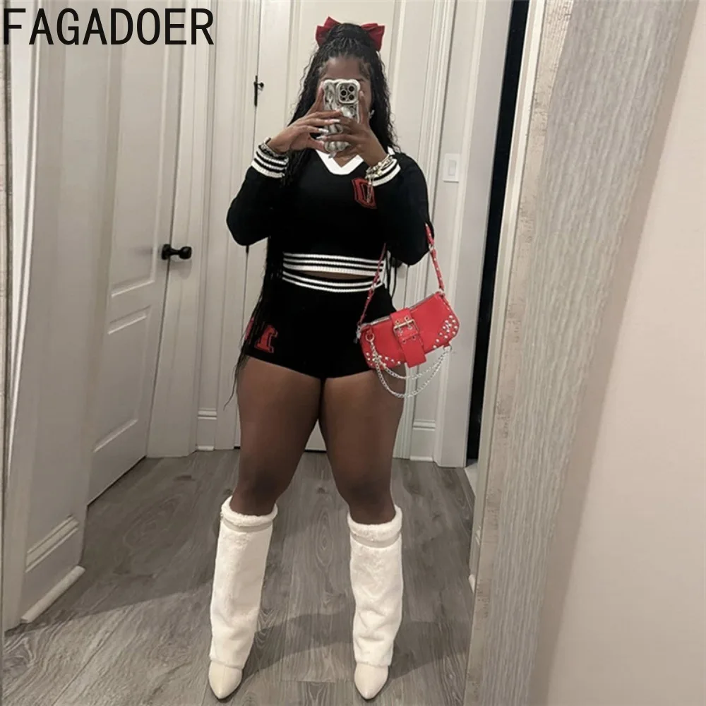 FAGADOER Sexy Knit 2 Piece Set Outfits Women Autumn Preppy Style Stripe Patchwork Cropped Sweater + Shorts Girls Y2k Streetwear