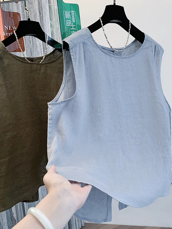 레트로 린넨 베스트 여성용 여름 고급스러운 루즈 캐주얼 슬릿 라운드 넥 탑 출퇴근용 여성스러운