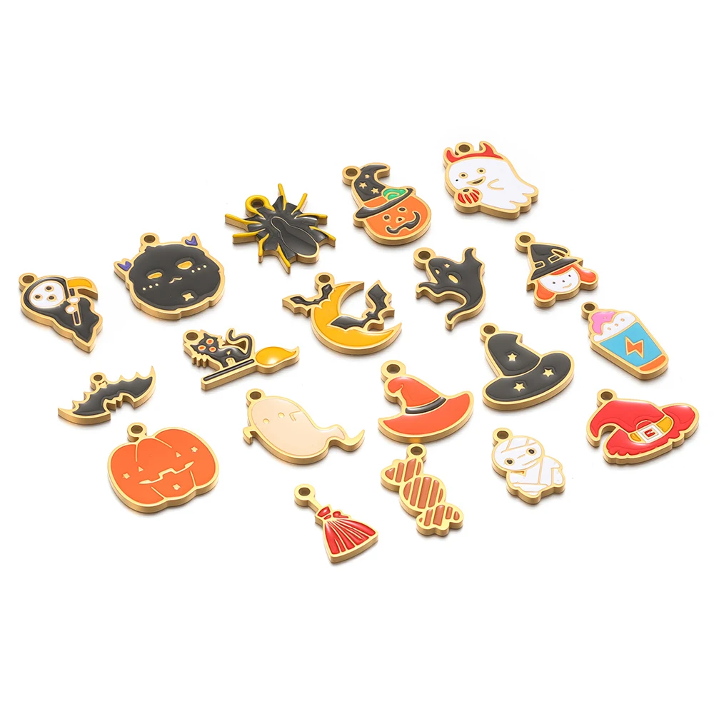 5Pcs New Stainless Steel Enamel Halloween Charms Pumpkin Ghost Bat Pendants for Necklace Earrings Supplies DIY Jewelry Making
