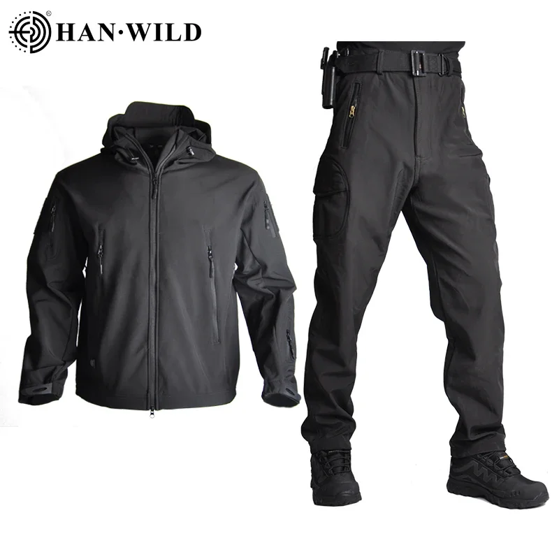 

HAN WILD Tactical Softshell Suit Fleece Uniform Winter Camo Climbing Jacket Men Paintball Pants Windproof Thermal Camping Sets