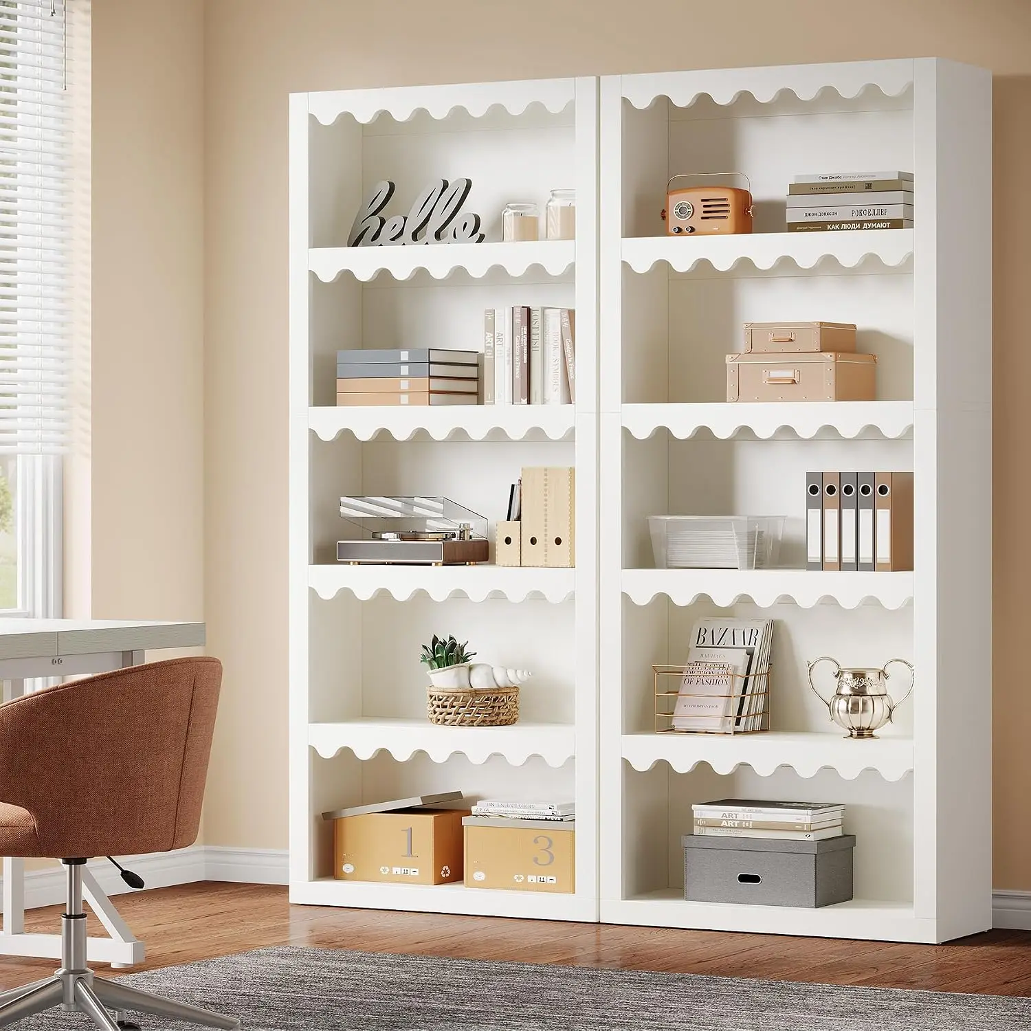 5-Tier 70-Inch Tall White Bookcase with Scalloped Edges, Modern Storage Organizer for Living Room Home Office, Customized