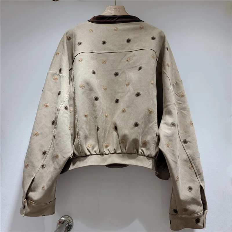 WTHT Fashion Women's Contrast Color Embroidery O-neck Wrinkled Suede Jacket 2026 Autumn Long Sleeves Casual Coat Female 1LS3212