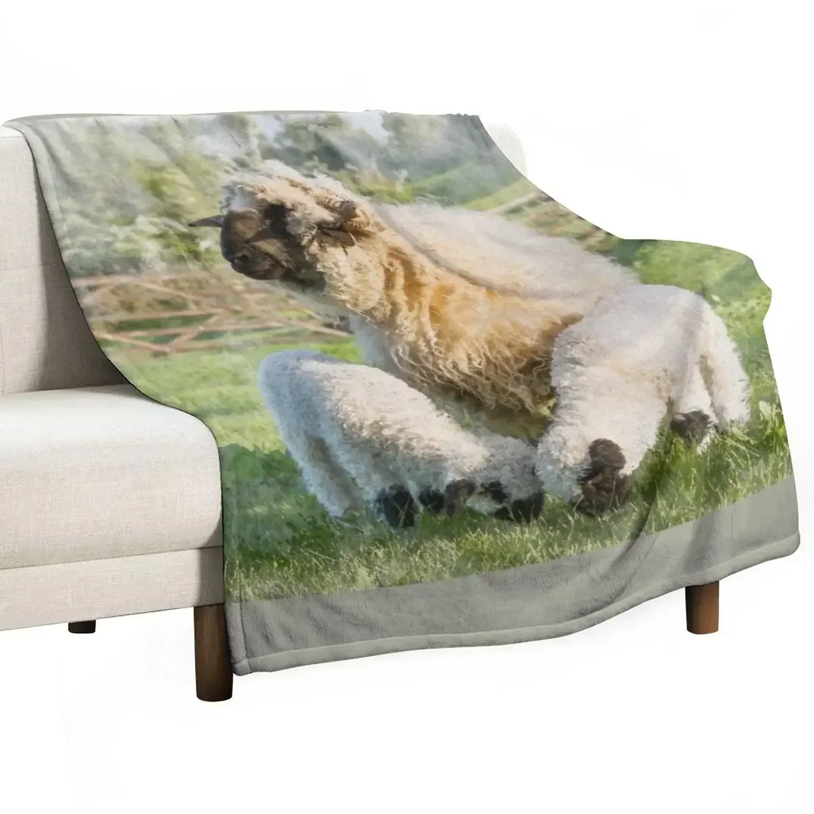 Watercolour Photograph of Valais Blacknose Sheep and Her Twin Lambs Throw Blanket halloween Thin Blankets