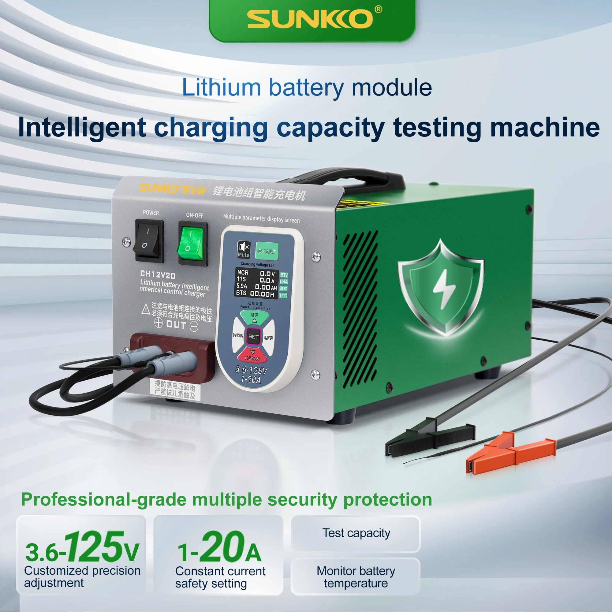

SUNKO CH12V20 Smart Charger 3.6-125V for Li-ion/LiFePO4 Battery, Capacity Tester, LCD Display, Safety Protection,Charging Mode